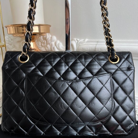 Authentic Chanel Double Flap Classic Medium Lambskin Black Shoulder Bag B0820 - Picture 7 of 16